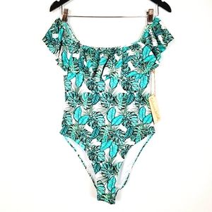 Cabana del Sol Off-the-Shoulder Ruffle Palm Print One Piece Swimsuit a0511